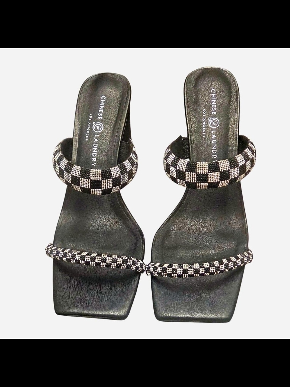 Chinese Laundry Black and White Check Beaded Strap Heels